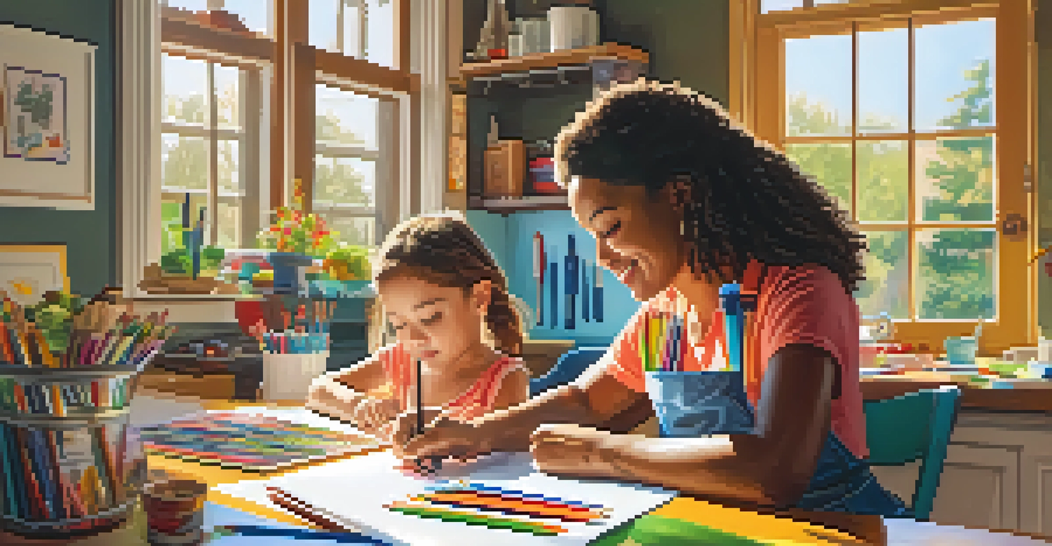 A parent and child happily working on an art project at a kitchen table filled with supplies.