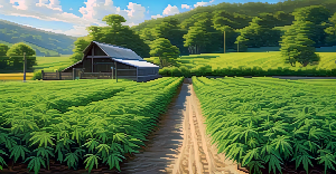A peaceful cannabis cultivation area with green fields, a wooden fence, and bright sunlight.