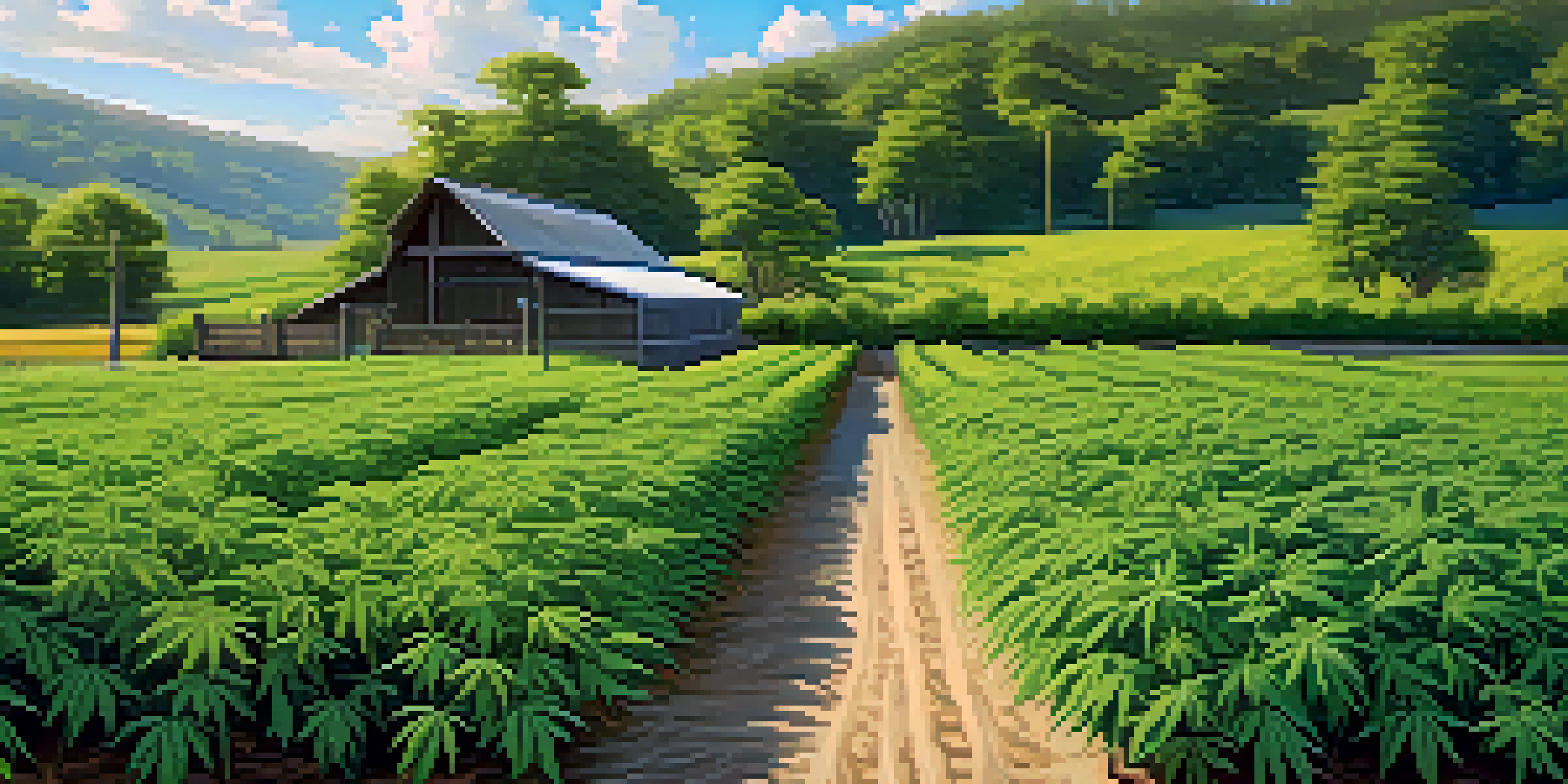 A peaceful cannabis cultivation area with green fields, a wooden fence, and bright sunlight.