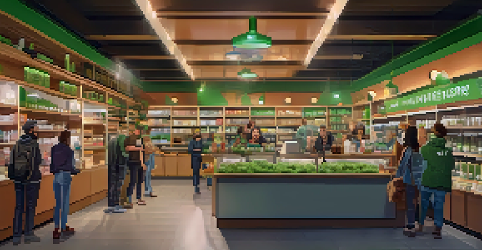 A vibrant cannabis dispensary with diverse customers and budtenders, showcasing colorful products and an inviting atmosphere.