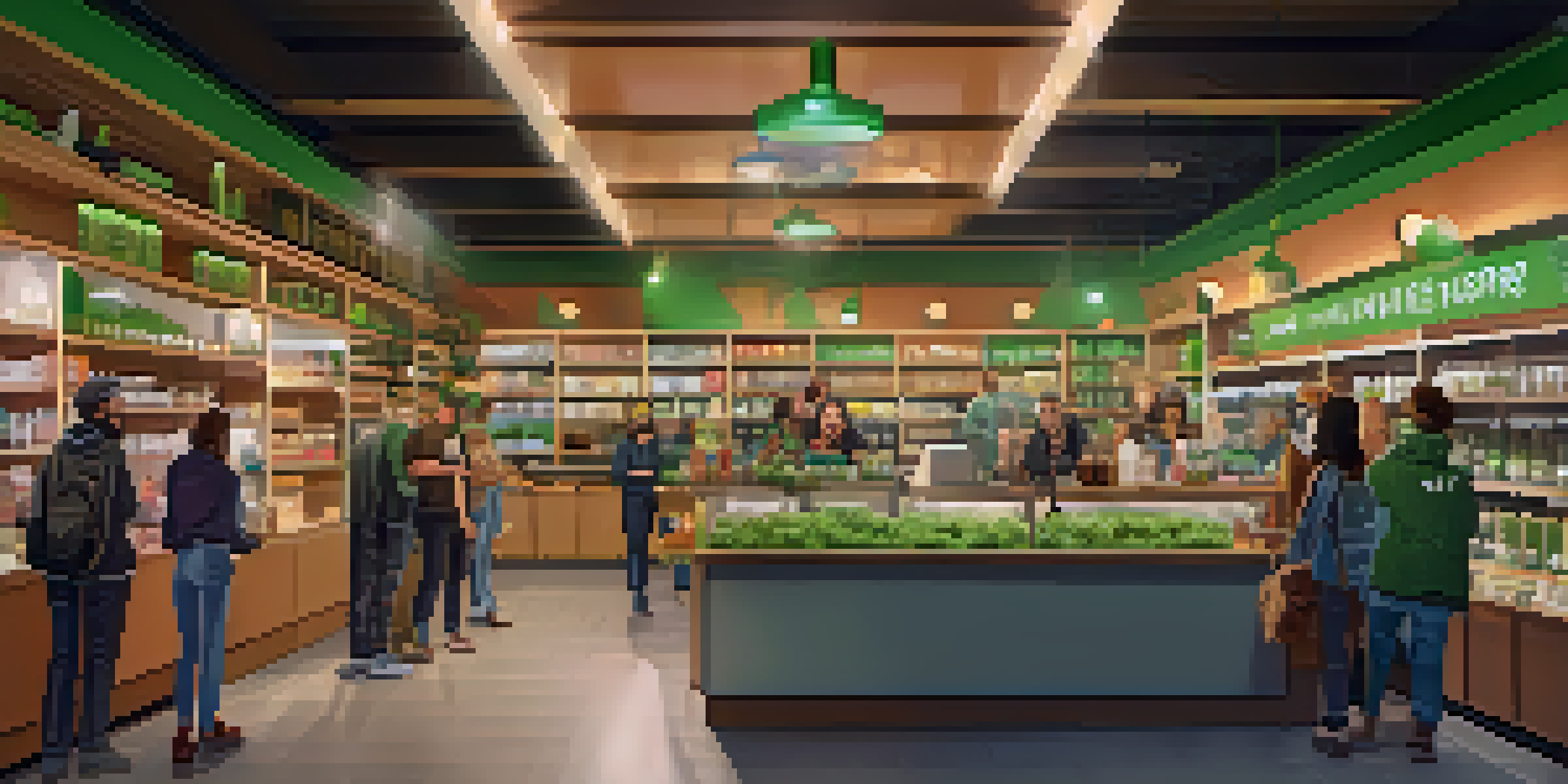 A vibrant cannabis dispensary with diverse customers and budtenders, showcasing colorful products and an inviting atmosphere.