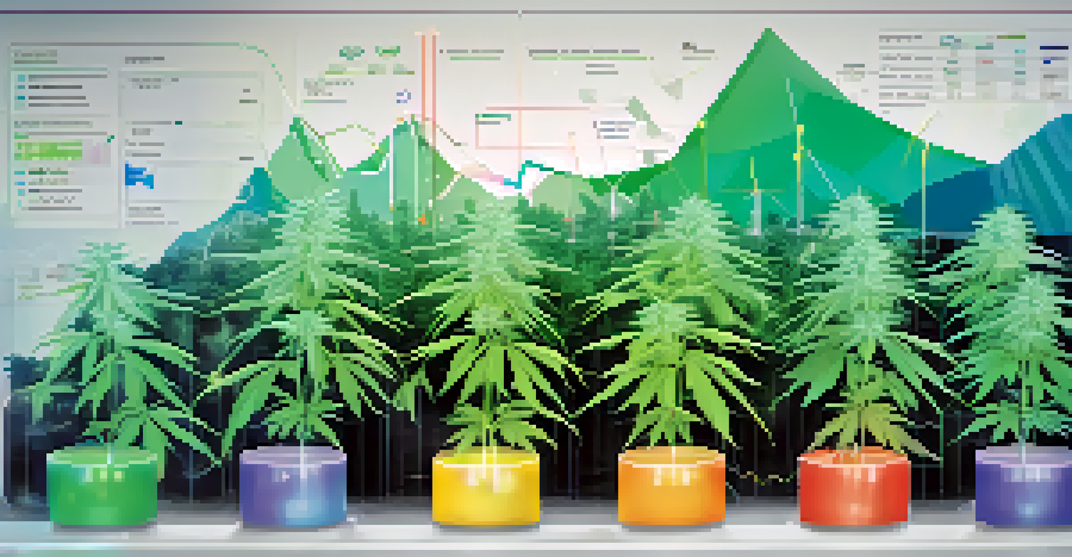 A digital interface showcasing big data analytics in the cannabis industry, overlaid on cannabis plants, with a futuristic background.