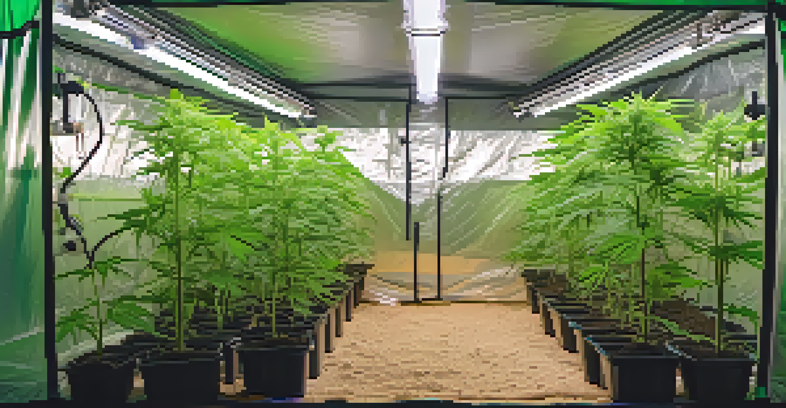 An indoor grow tent showing young marijuana plants and cultivation tools.
