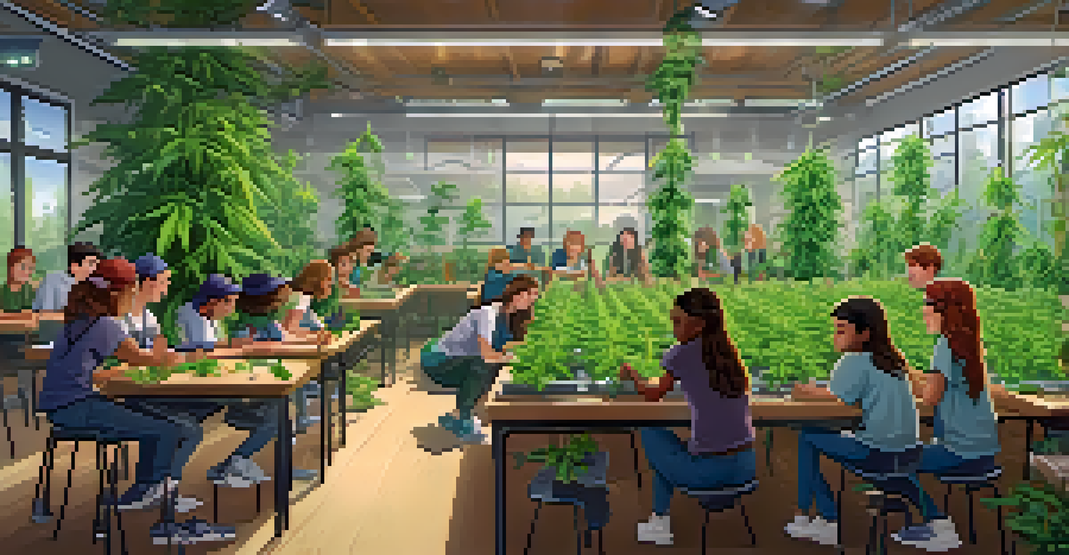 A classroom filled with students learning about cannabis cultivation, with plants and educational materials creating an engaging environment.