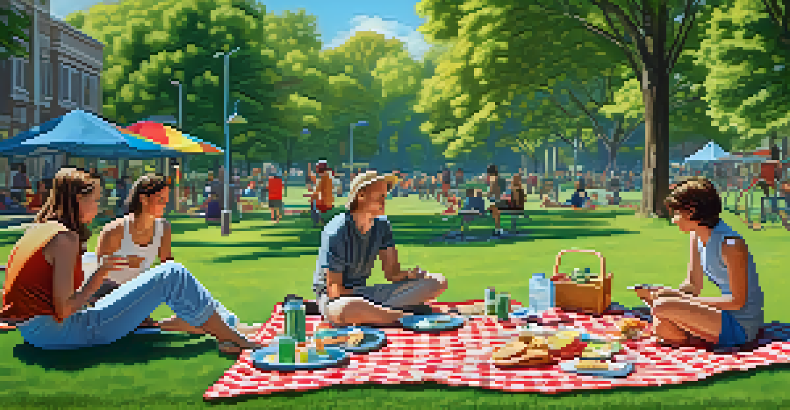 A vibrant picnic scene in a park with snacks and a small cannabis plant on a blanket, surrounded by people enjoying various activities.
