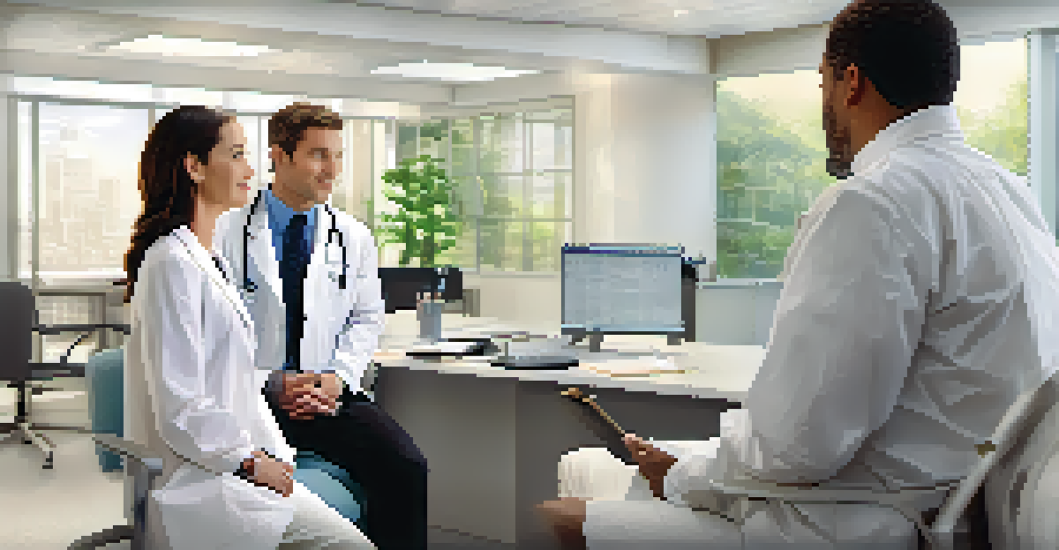 A healthcare professional speaking with a couple in a medical office, discussing family planning and marijuana use.
