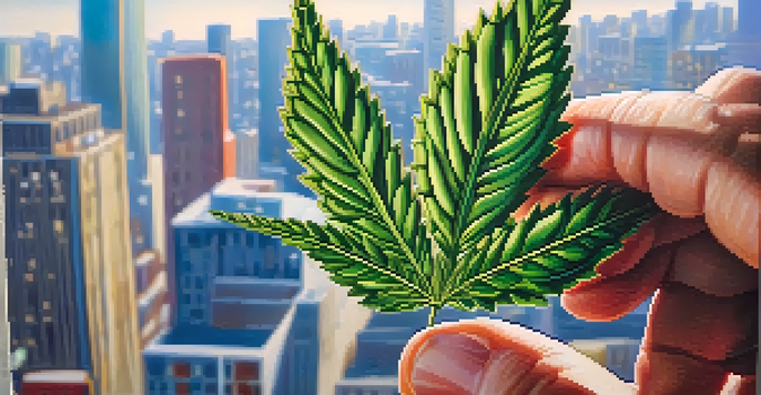 Close-up of hands holding a marijuana leaf with a city in the background.