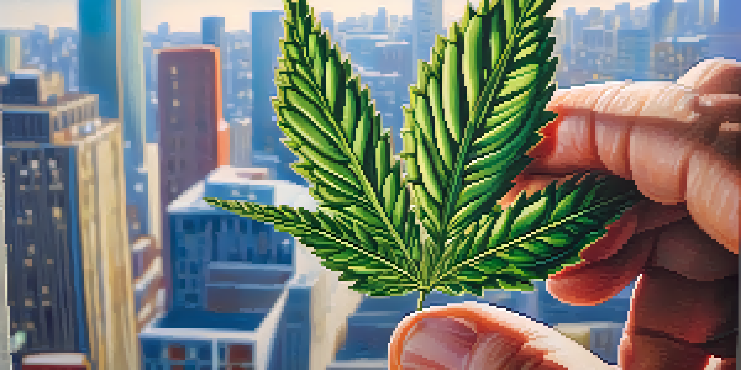 Close-up of hands holding a marijuana leaf with a city in the background.