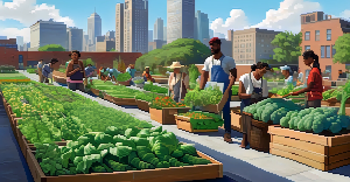 A diverse group of people working together on a rooftop urban farm, surrounded by vegetables and flowers with a city skyline in the background.
