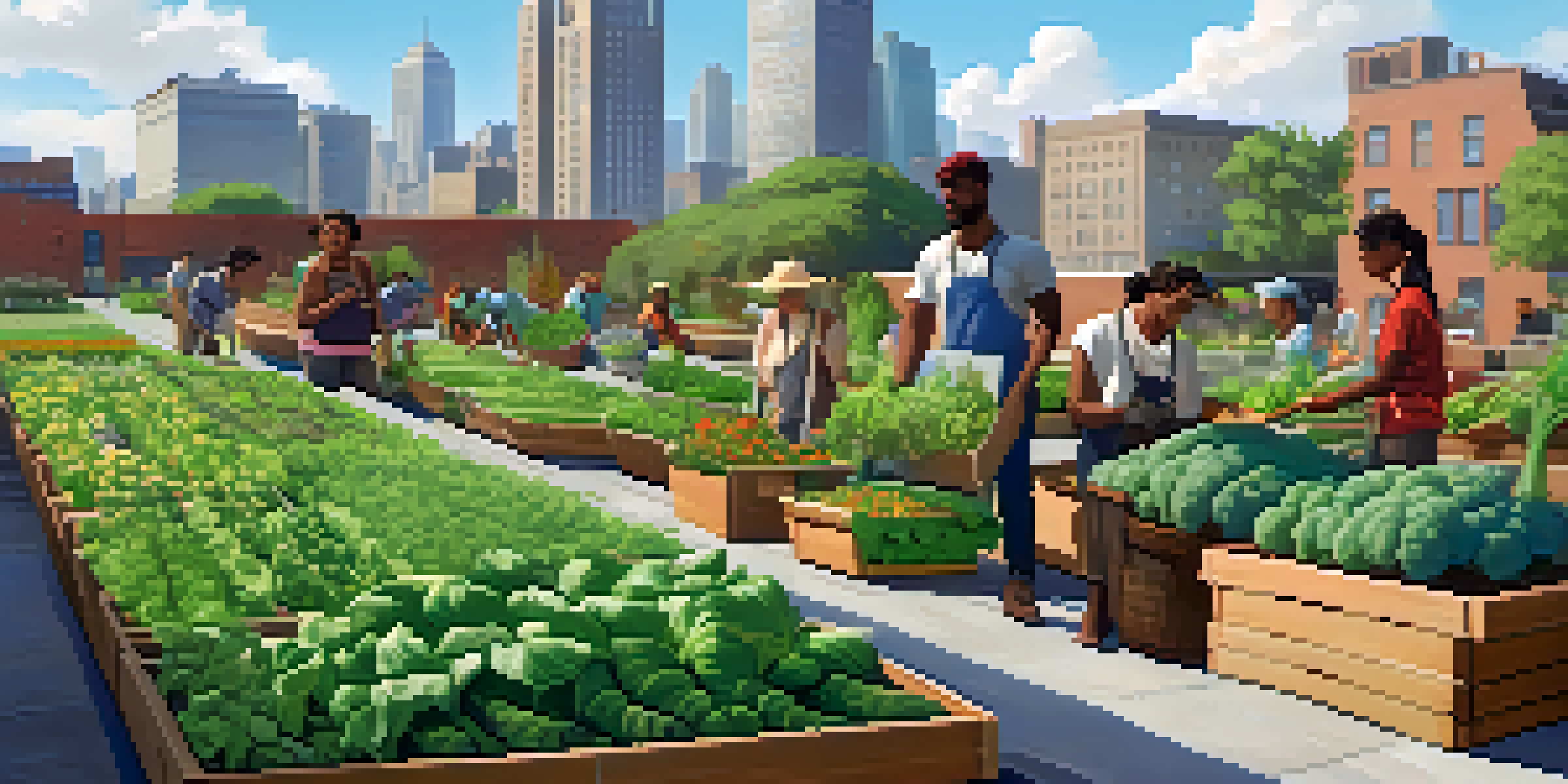 A diverse group of people working together on a rooftop urban farm, surrounded by vegetables and flowers with a city skyline in the background.