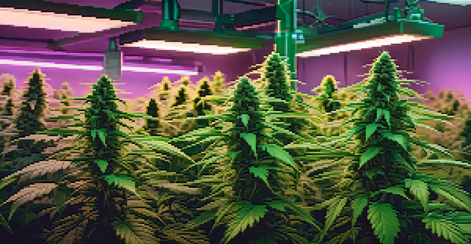 A diverse group of healthy cannabis plants in an indoor grow room, with soft lighting highlighting their vibrant green leaves and buds.