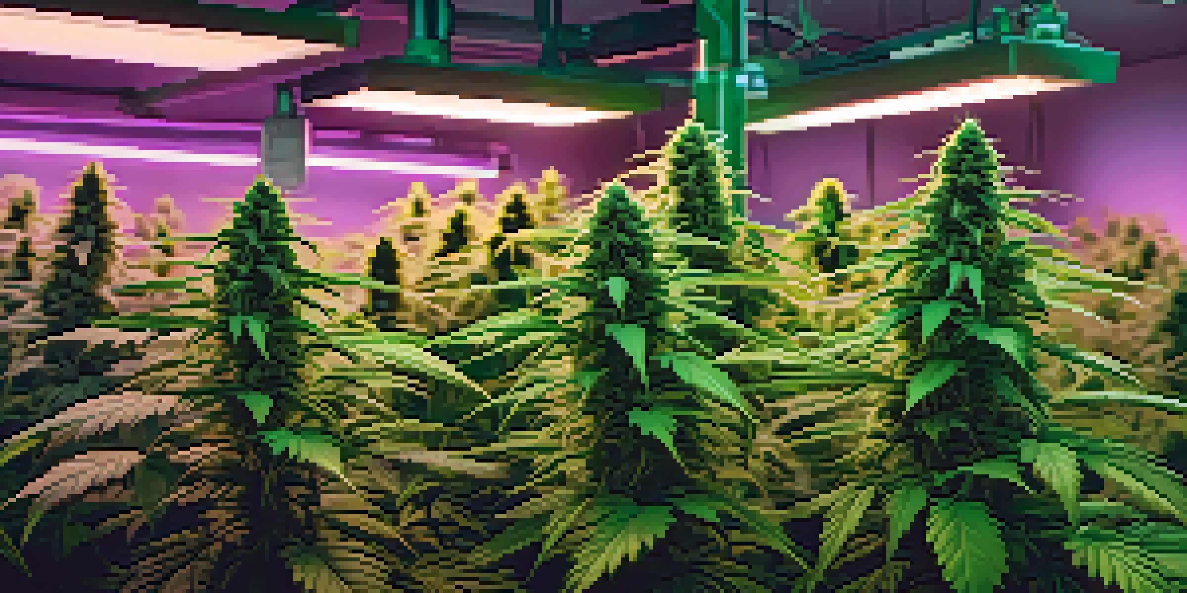 A diverse group of healthy cannabis plants in an indoor grow room, with soft lighting highlighting their vibrant green leaves and buds.