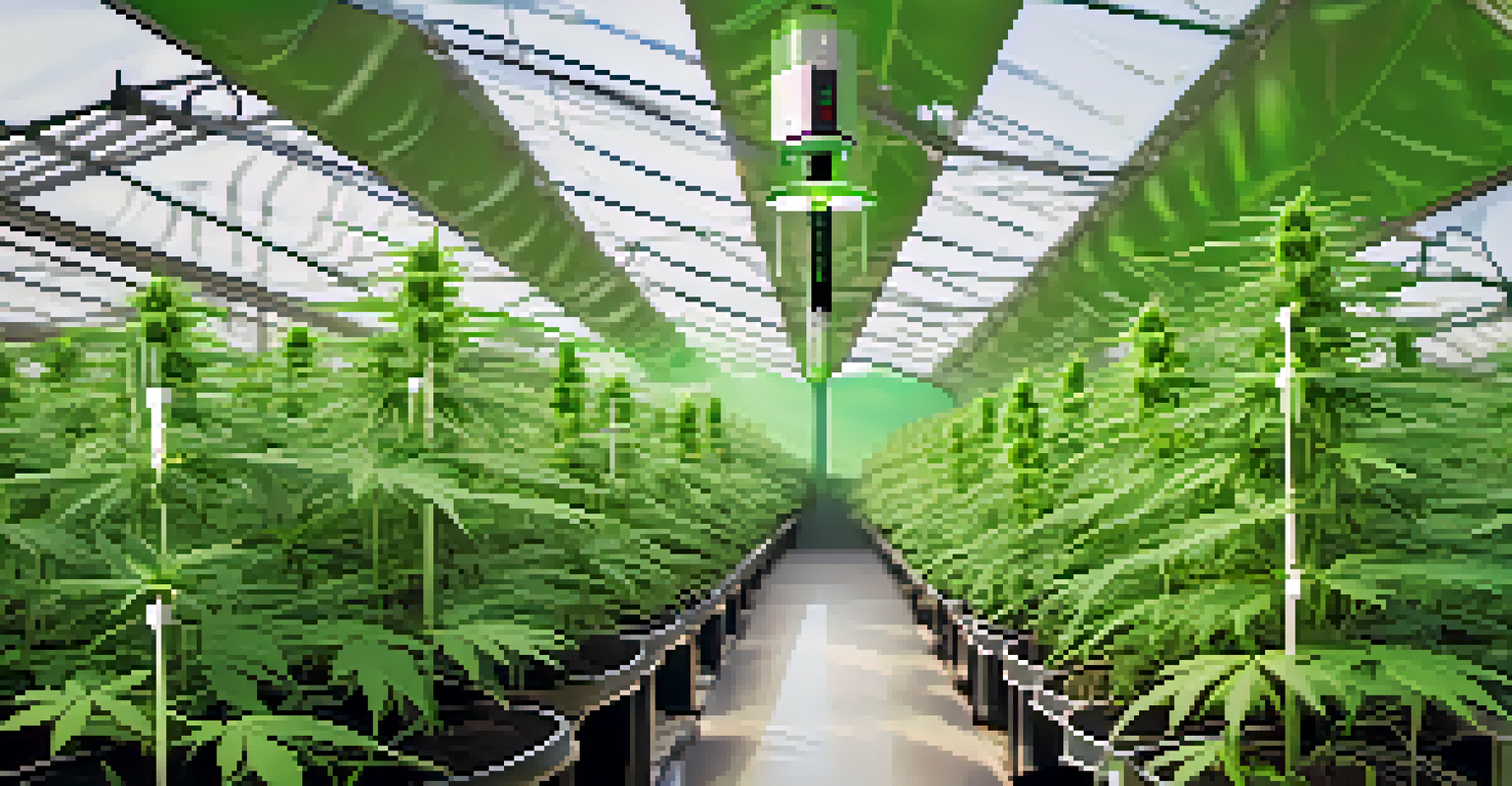 Close-up of soil moisture sensors in a cannabis garden, with lush green plants in the background and sunlight filtering through the leaves.