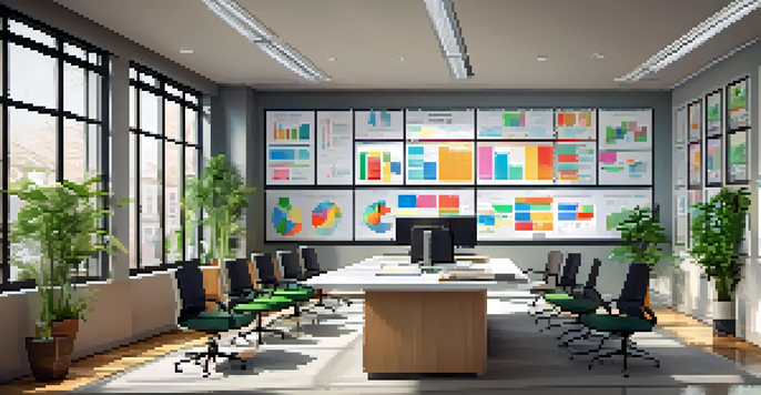 A bright modern office with a conference table, whiteboard, and potted plants, illustrating a compliance meeting atmosphere.