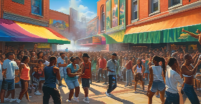 A lively hip-hop festival scene with diverse attendees dancing, colorful murals, and a stage with performers, illuminated by the warm glow of the sunset.