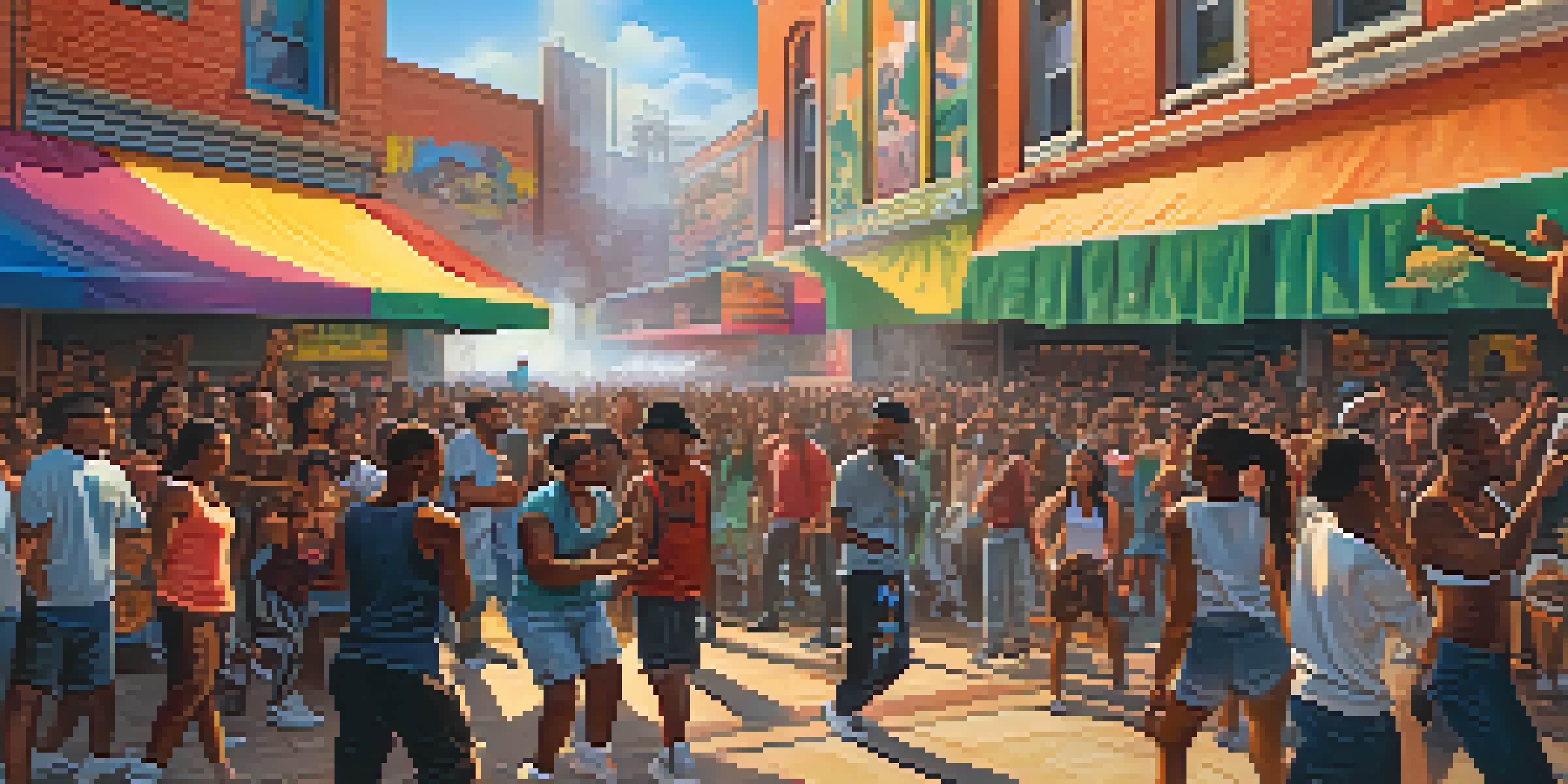 A lively hip-hop festival scene with diverse attendees dancing, colorful murals, and a stage with performers, illuminated by the warm glow of the sunset.