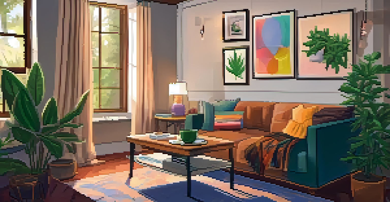 A cozy living room scene with a person sketching ideas in a notebook, warm lighting, and a cannabis plant on the coffee table.
