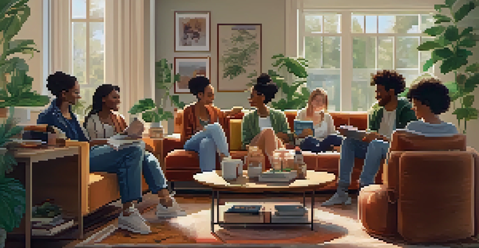 A diverse group of friends sitting on a sofa in a cozy living room, enjoying each other's company with plants and cannabis-themed decor.
