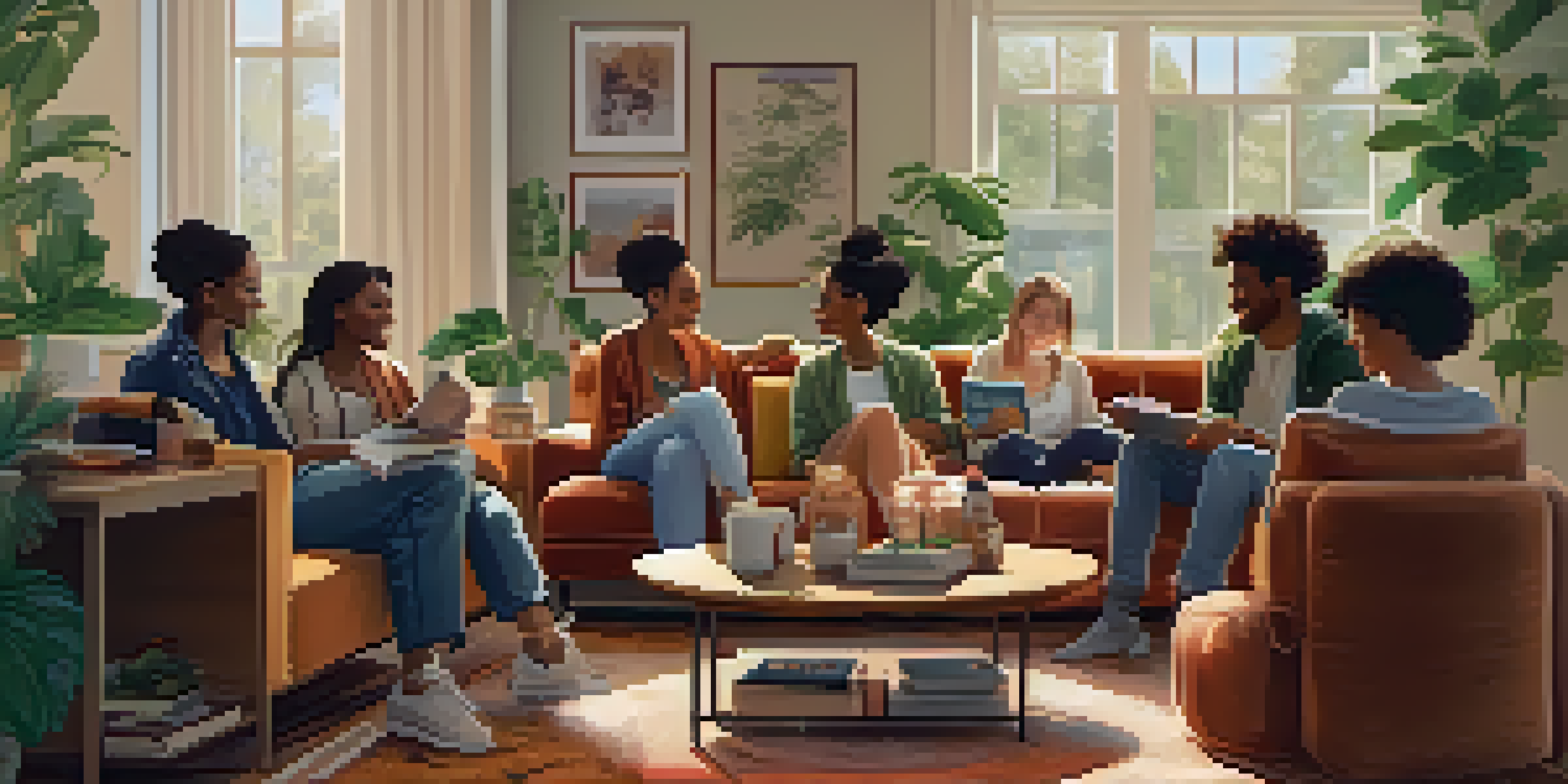 A diverse group of friends sitting on a sofa in a cozy living room, enjoying each other's company with plants and cannabis-themed decor.