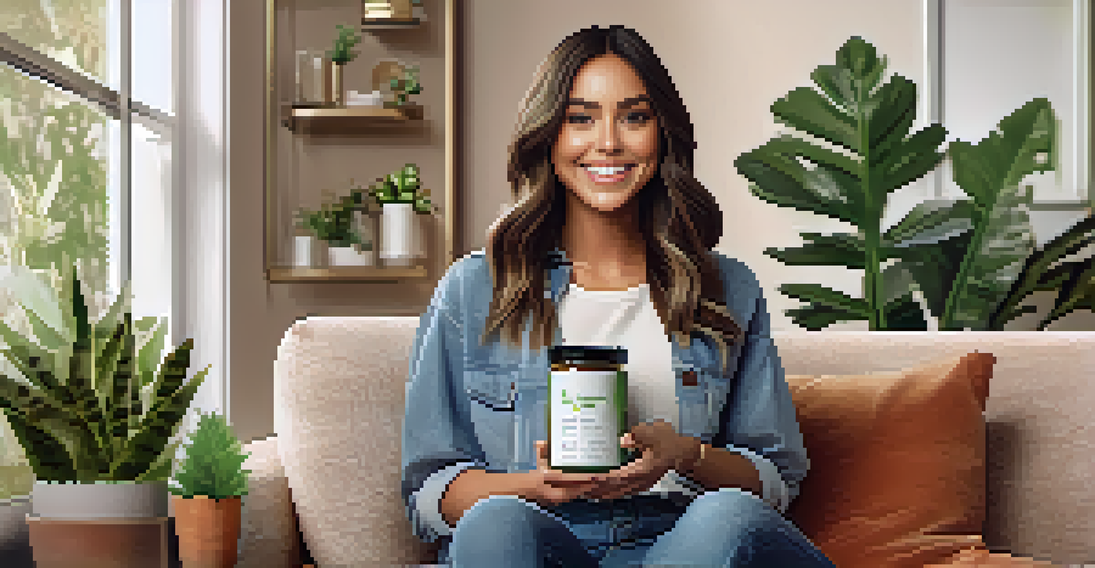 A lifestyle influencer promoting a CBD product in a cozy living room filled with plants and soft lighting.