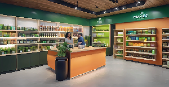 A colorful display of cannabis products in a well-lit dispensary, with a staff member assisting a customer.