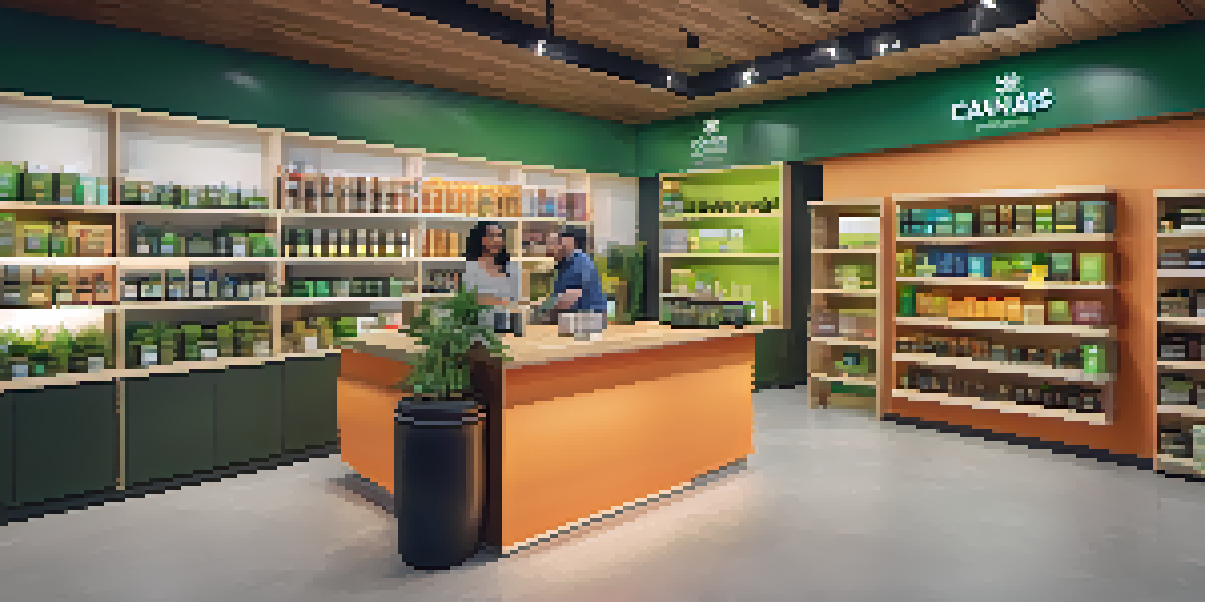 A colorful display of cannabis products in a well-lit dispensary, with a staff member assisting a customer.