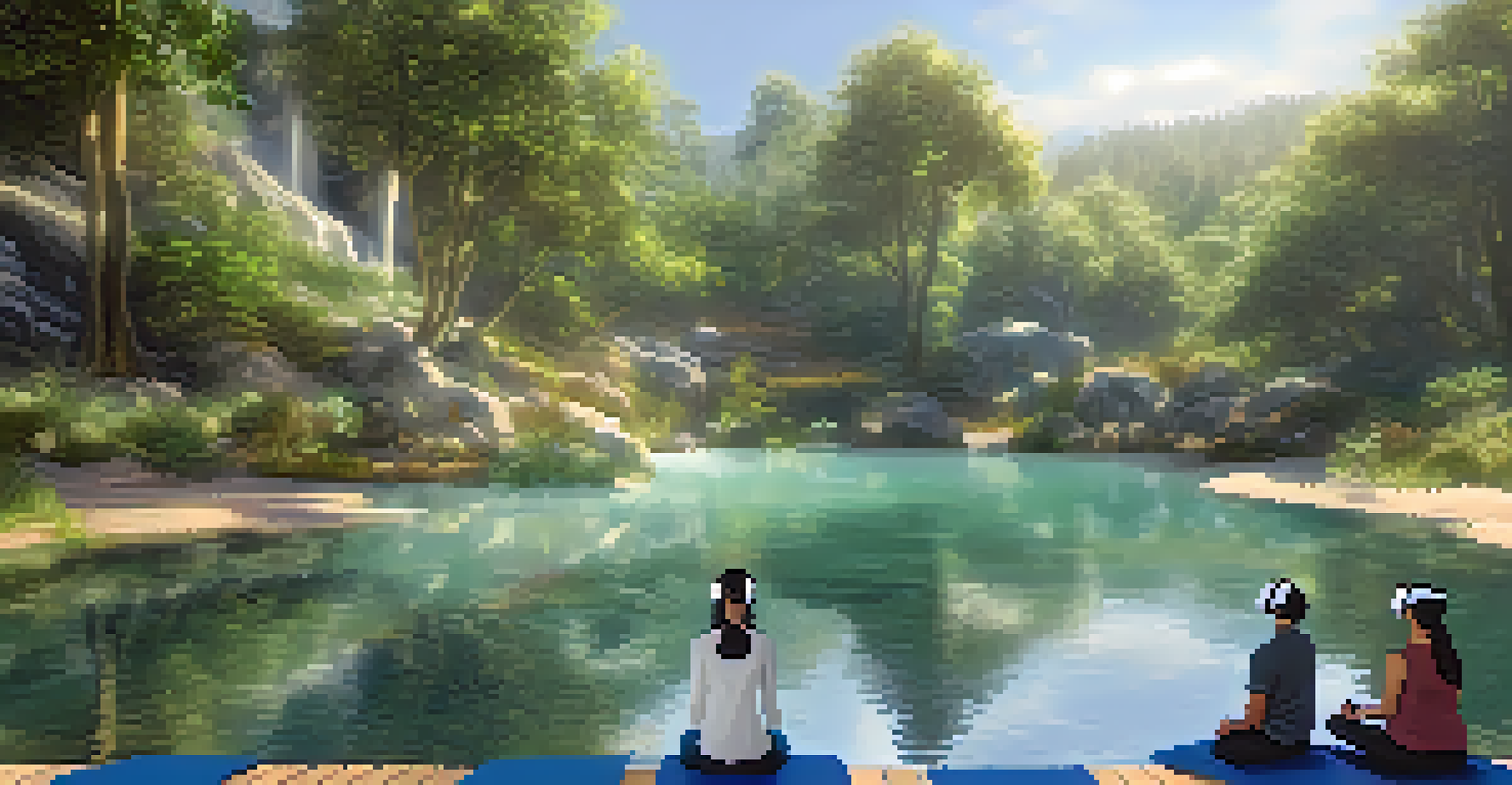 An immersive virtual reality therapy session in a calming nature setting, with users participating in guided meditation.