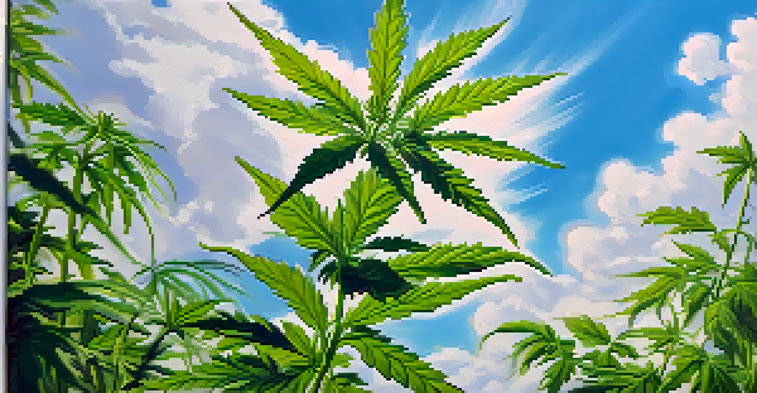 Close-up of cannabis plants in a bright garden with blue sky and clouds in the background.