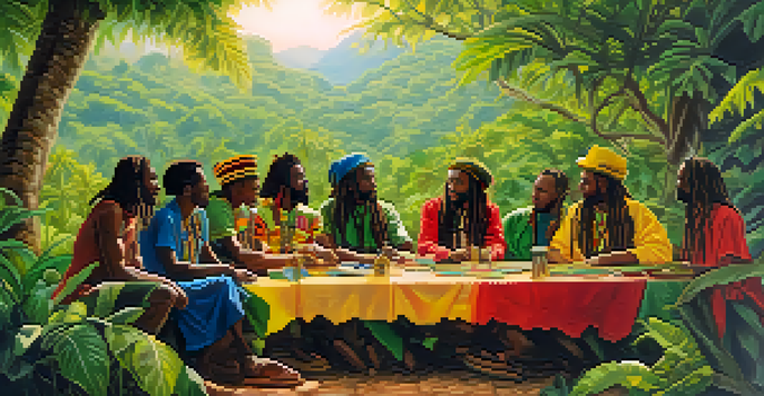 A group of Rastafarians gathered outdoors in Jamaica, discussing ideas around a wooden table, surrounded by lush greenery and sunlight.