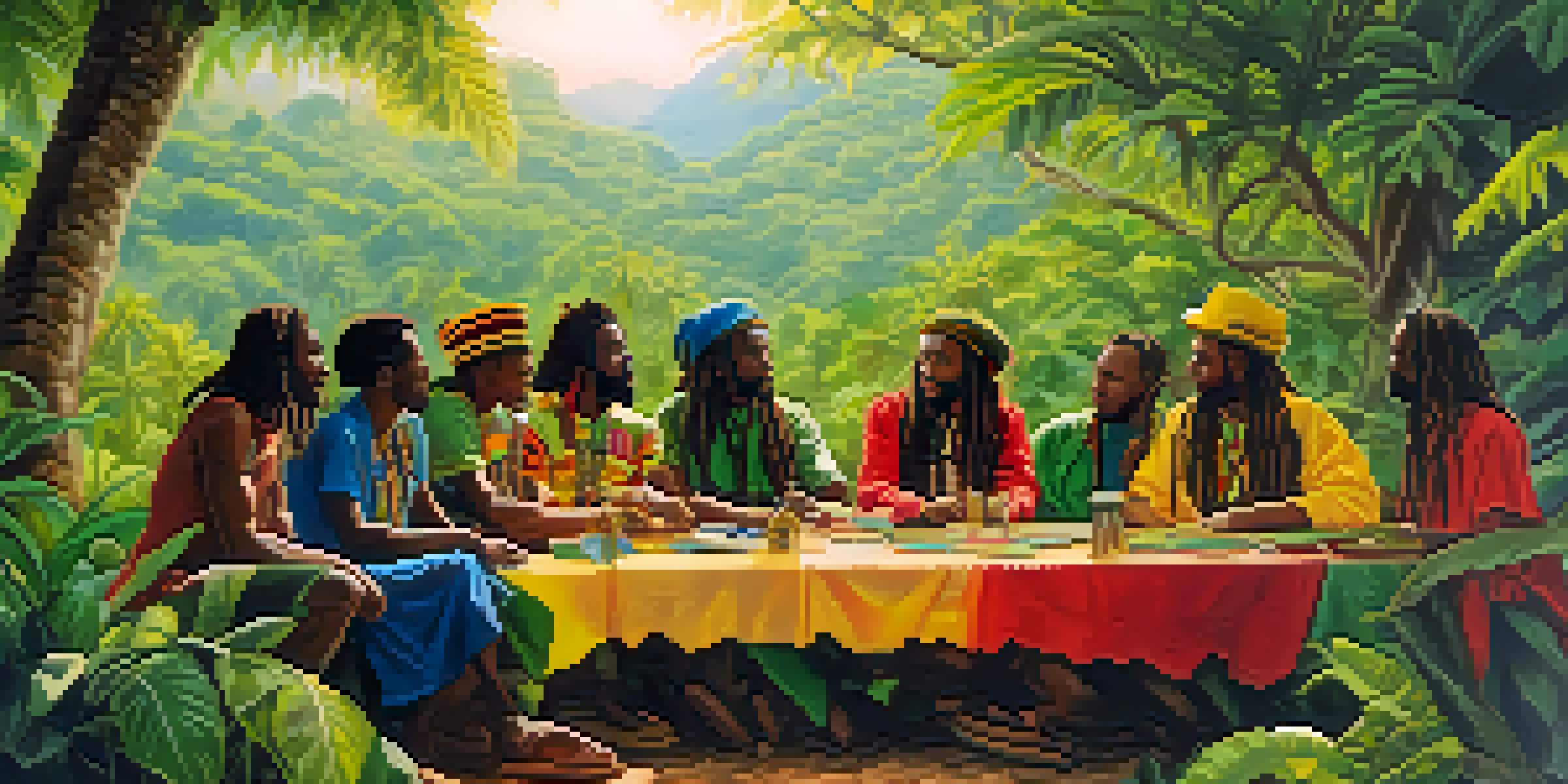 A group of Rastafarians gathered outdoors in Jamaica, discussing ideas around a wooden table, surrounded by lush greenery and sunlight.
