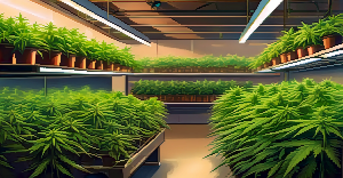 A close-up view of healthy cannabis plants growing in an indoor environment, featuring bright green leaves and grow lights.
