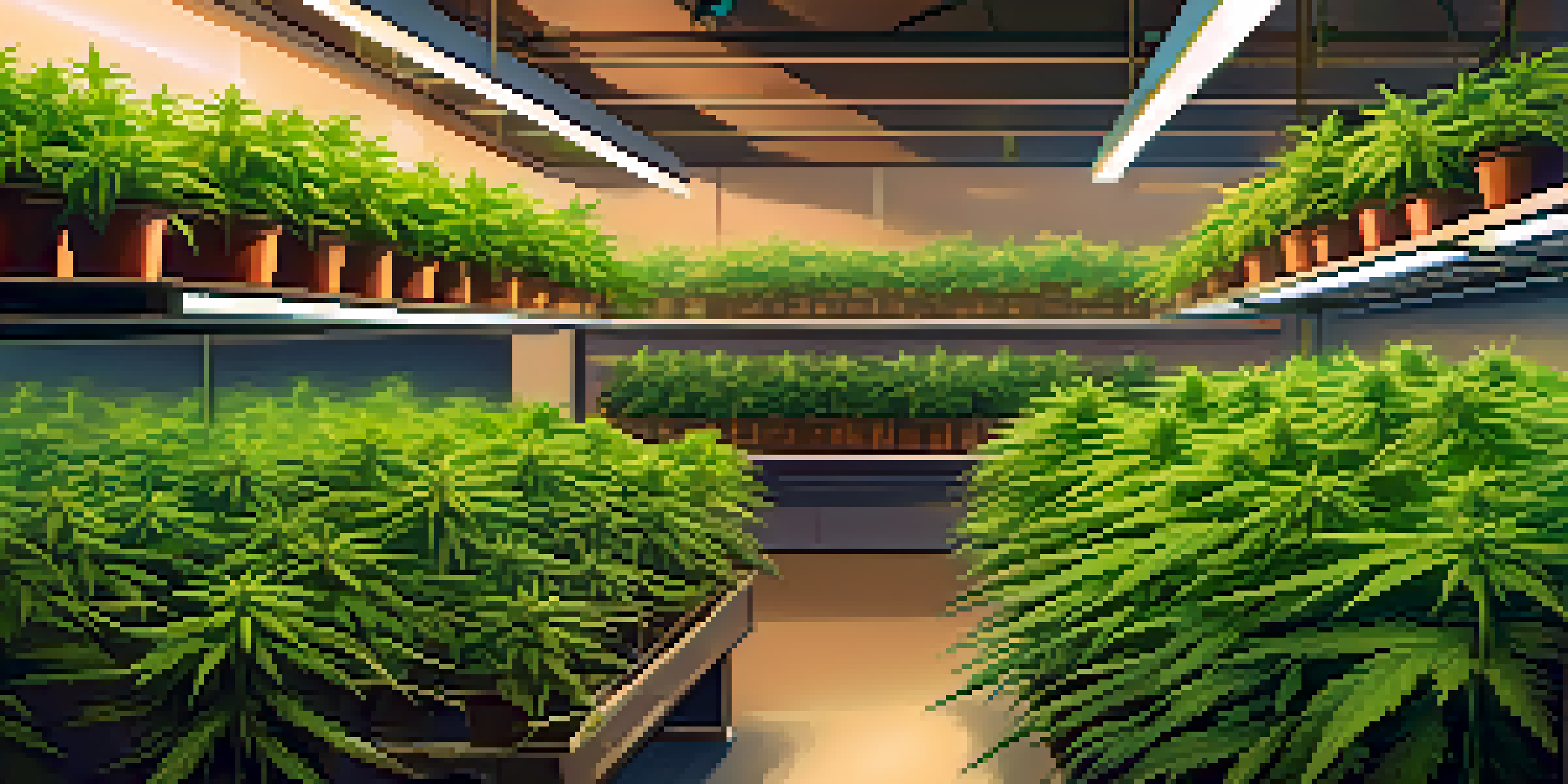 A close-up view of healthy cannabis plants growing in an indoor environment, featuring bright green leaves and grow lights.