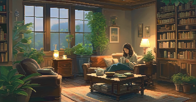 A person relaxing on a couch in a cozy room, holding a cup of tea, surrounded by plants and books.