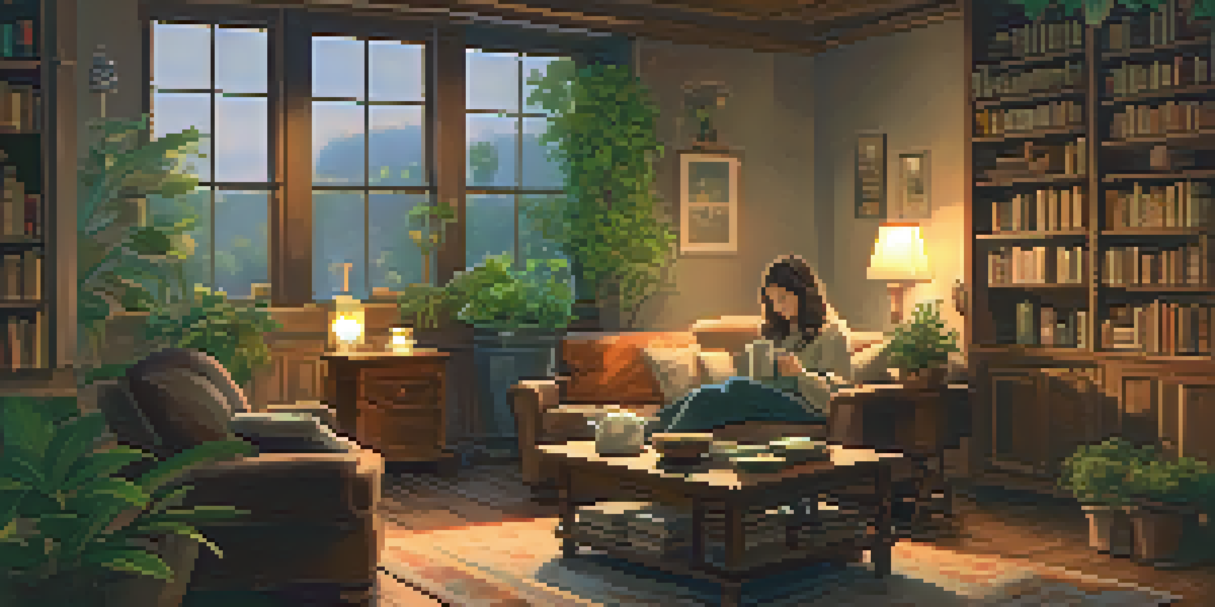 A person relaxing on a couch in a cozy room, holding a cup of tea, surrounded by plants and books.