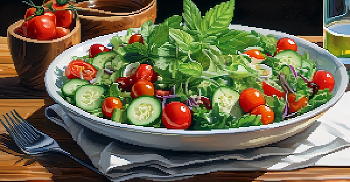 A colorful salad bowl with fresh greens, cherry tomatoes, and cucumbers, topped with a cannabis-infused dressing, set on a wooden table under natural sunlight.