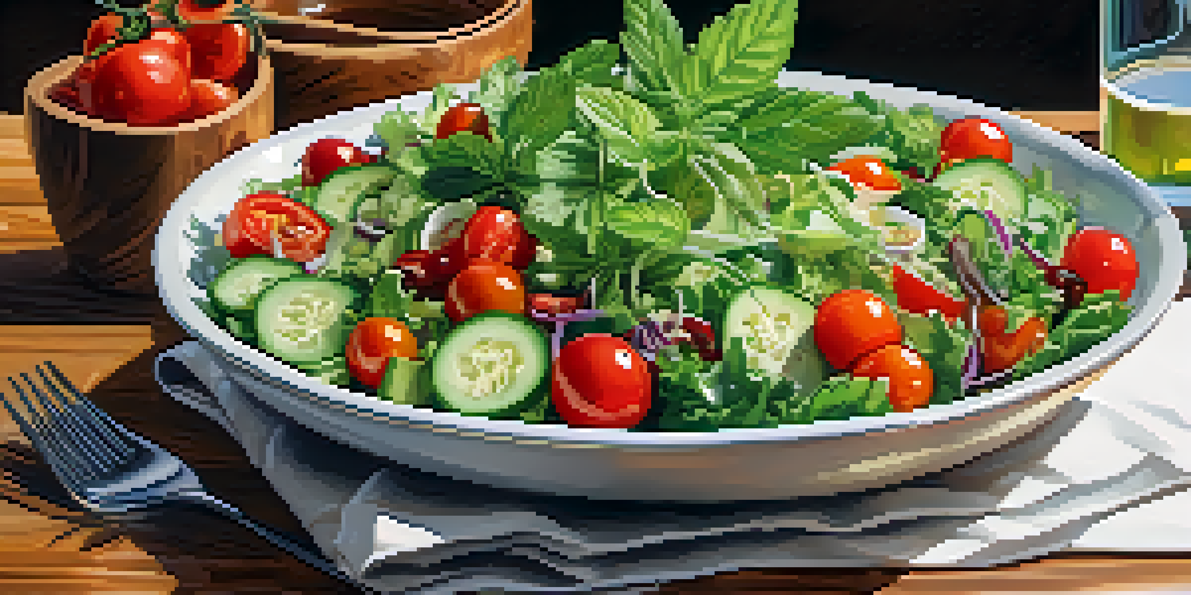 A colorful salad bowl with fresh greens, cherry tomatoes, and cucumbers, topped with a cannabis-infused dressing, set on a wooden table under natural sunlight.