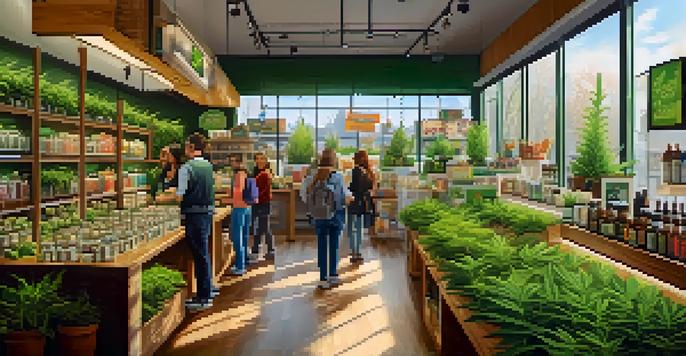 A vibrant cannabis market storefront with diverse customers and colorful signs, illuminated by soft daylight.
