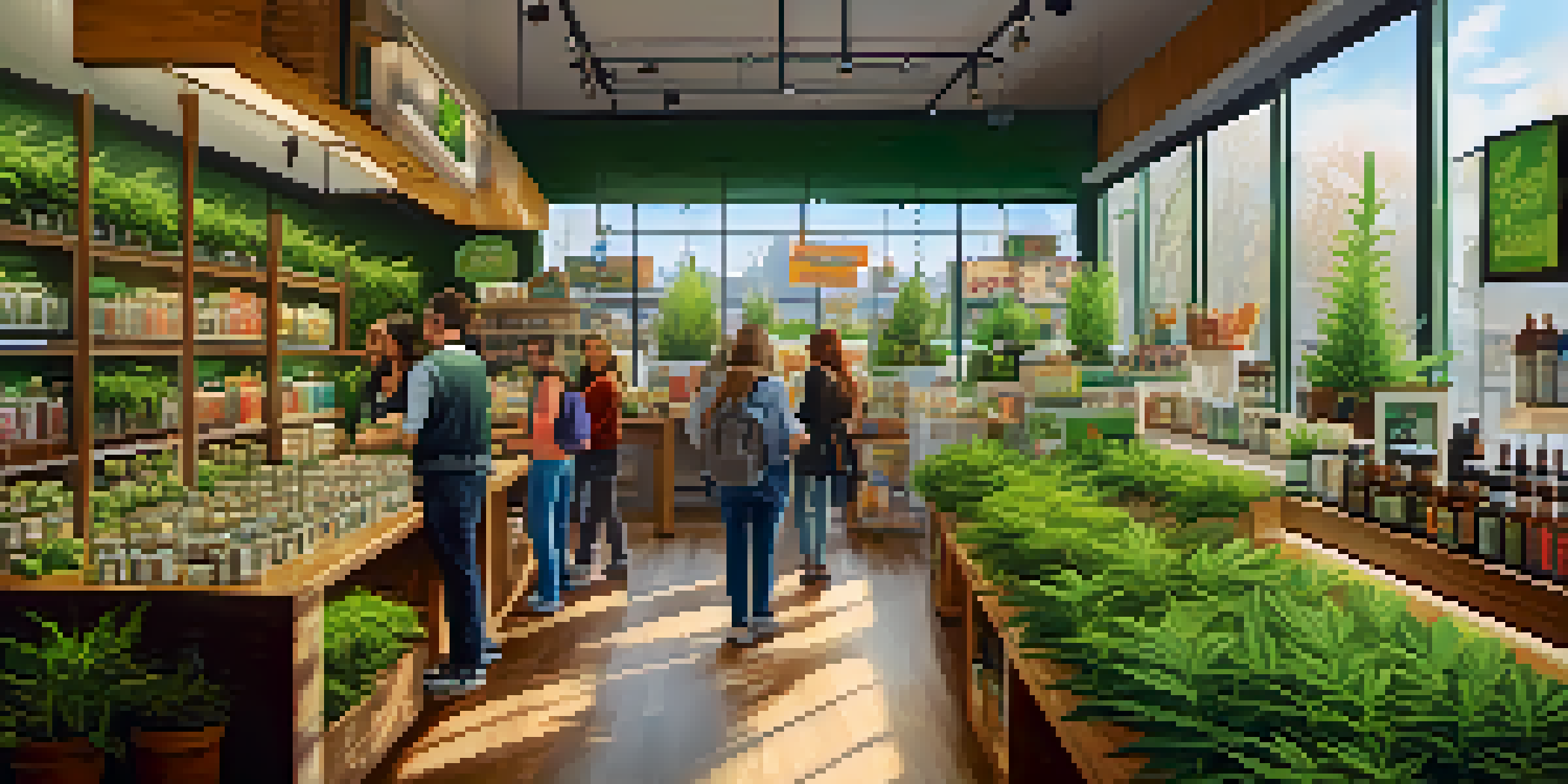 A vibrant cannabis market storefront with diverse customers and colorful signs, illuminated by soft daylight.