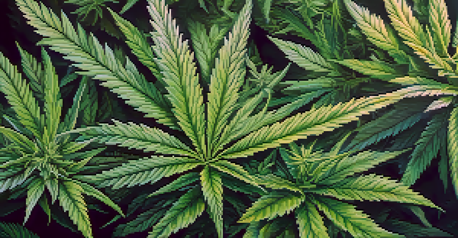A detailed close-up of marijuana leaves and buds, highlighting their textures and vibrant colors against a softly blurred background.