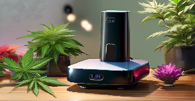 A smart vaporizer on a wooden table with cannabis leaves and flowers around it, illuminated by warm soft lighting.