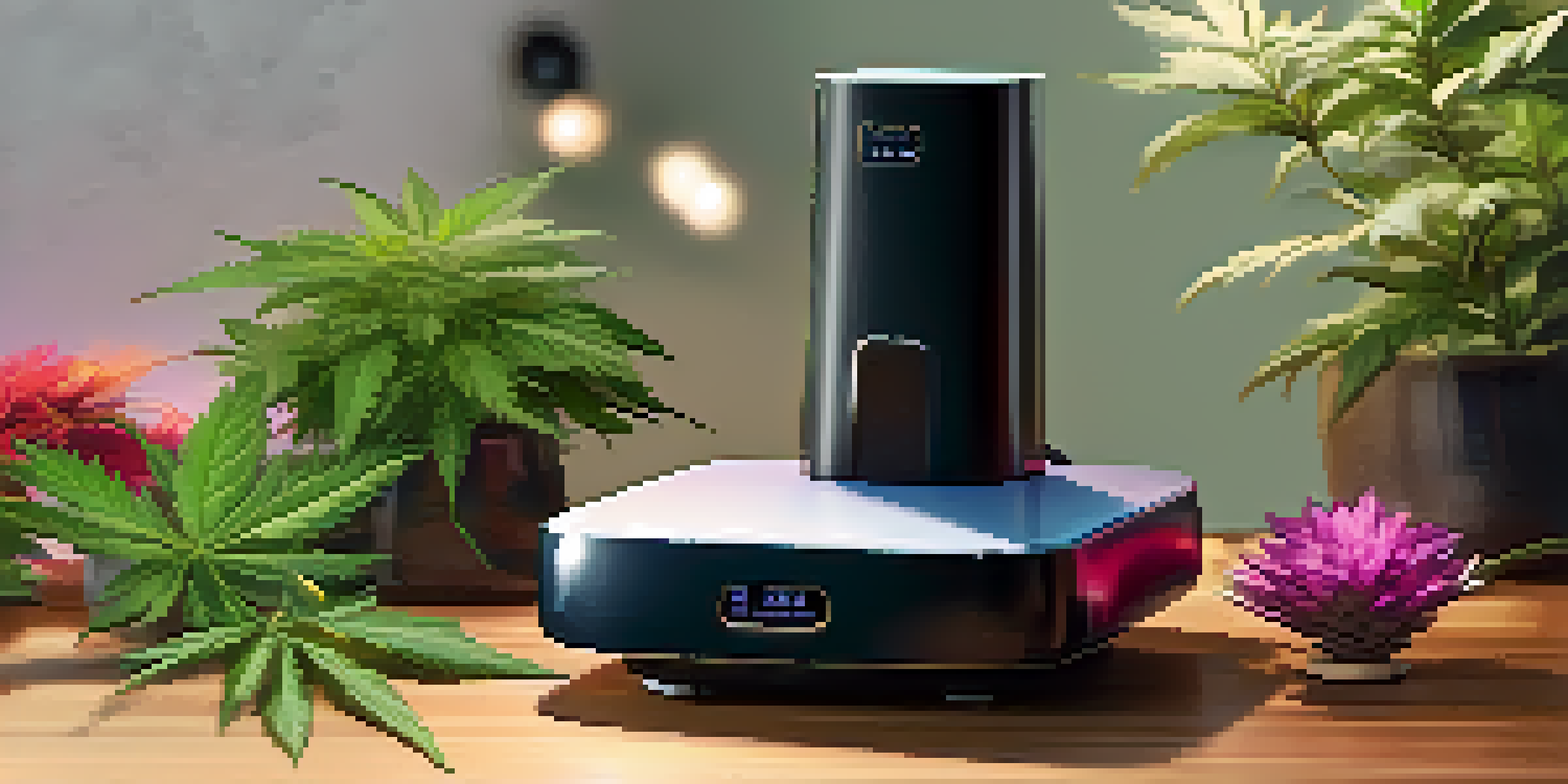 A smart vaporizer on a wooden table with cannabis leaves and flowers around it, illuminated by warm soft lighting.
