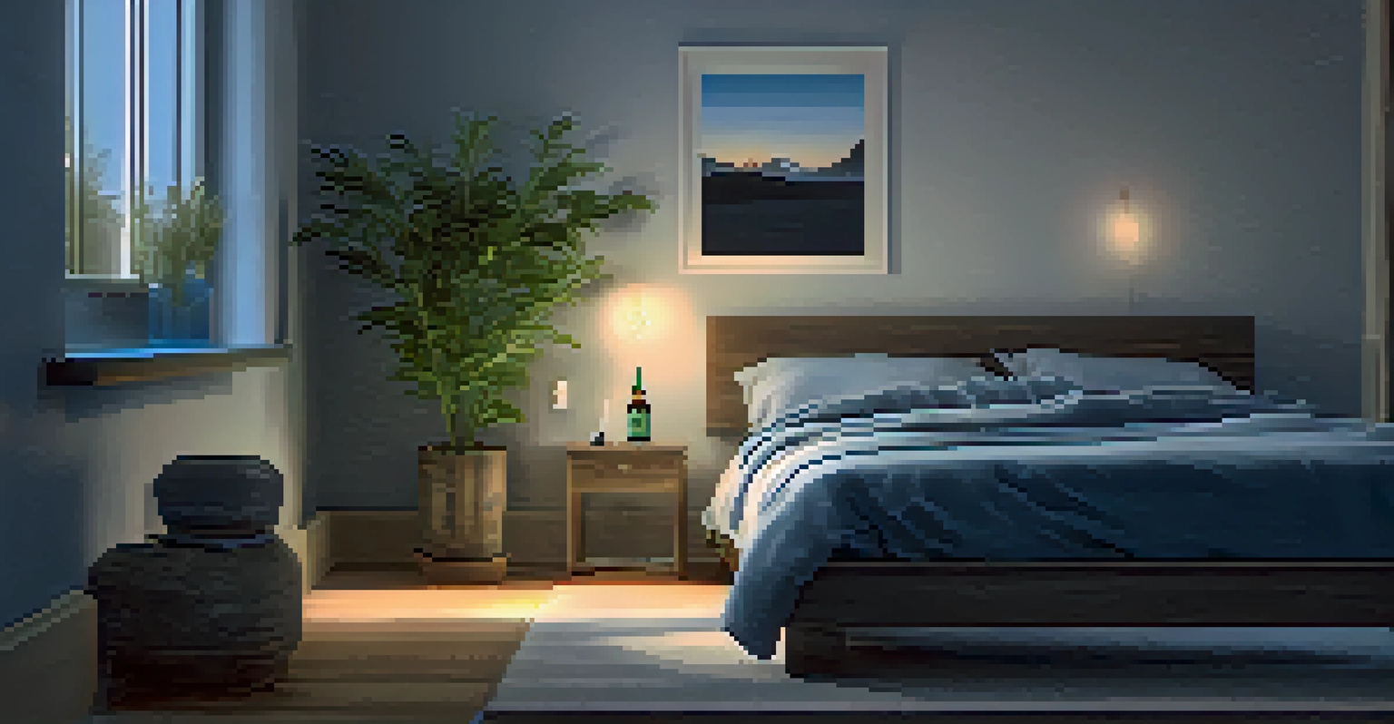A tranquil bedroom scene with a nightstand holding cannabis oil and a diffuser, featuring dim lighting and calming colors.