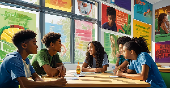 A lively classroom filled with diverse teenagers discussing marijuana education, with colorful posters and natural light.