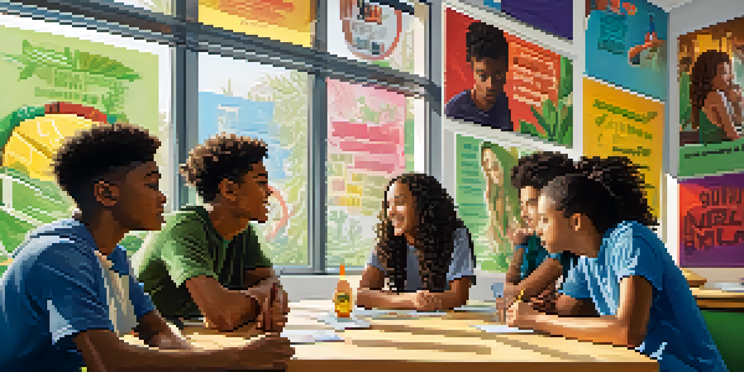 A lively classroom filled with diverse teenagers discussing marijuana education, with colorful posters and natural light.