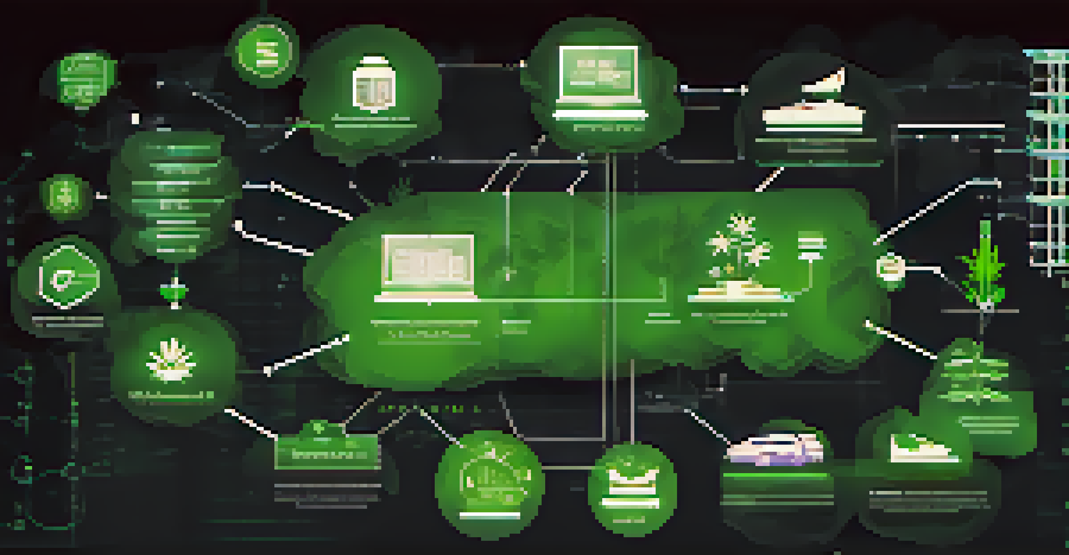 An artistic flowchart showing the cannabis supply chain with icons for cultivation, distribution, and retail, against a digital futuristic backdrop.