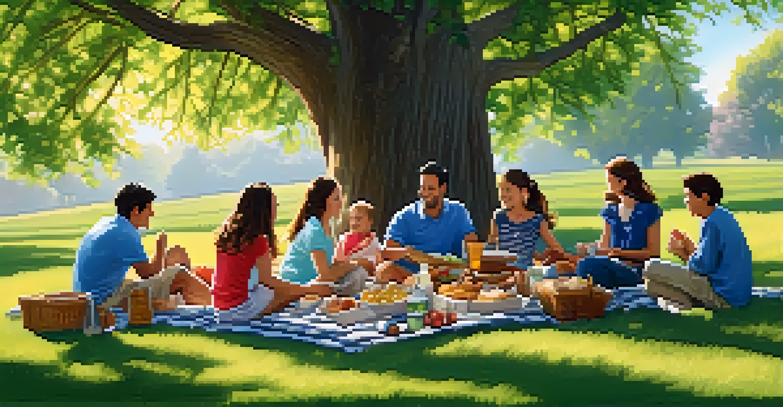 Family members of different ages enjoying a picnic under a tree, showcasing a sense of unity and support.