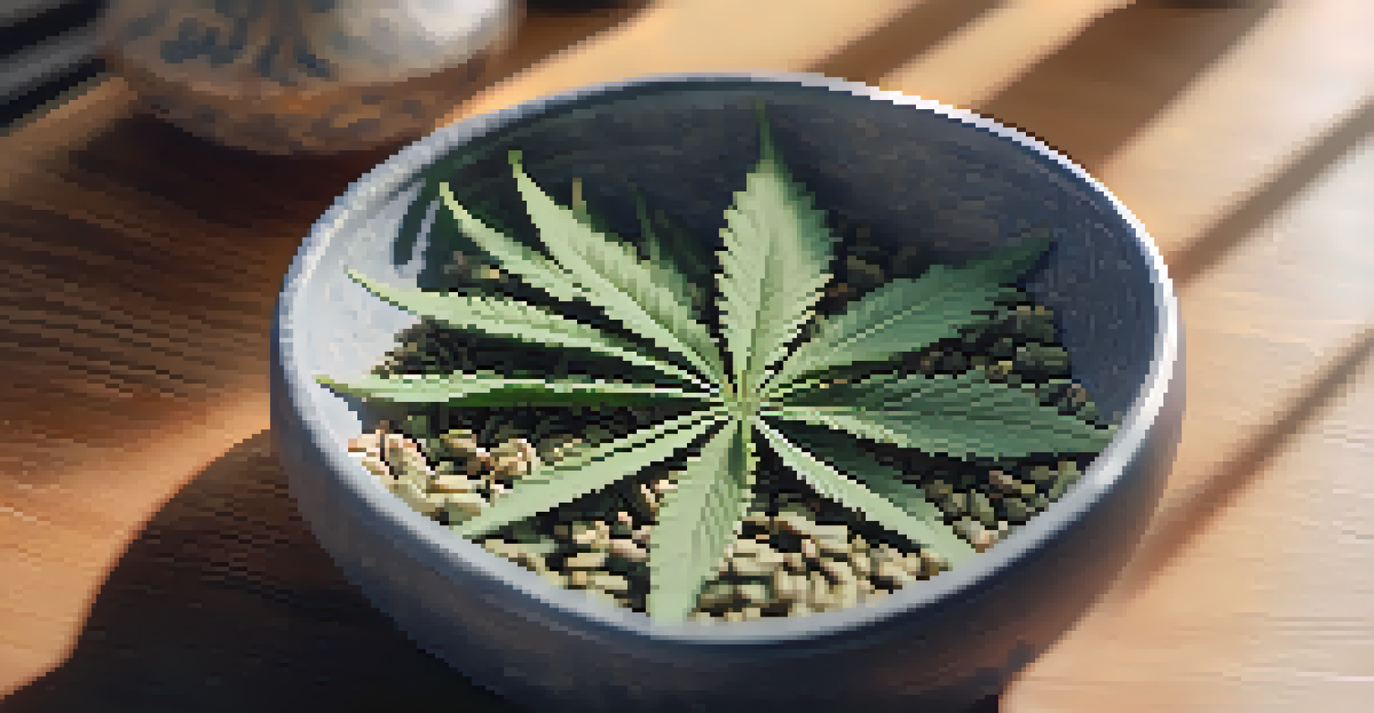 A hand holding a ceramic bowl filled with dried cannabis, with a blurred meditation space in the background.
