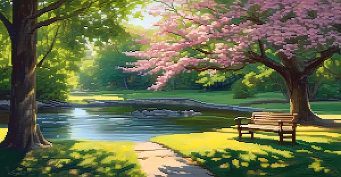 A peaceful park scene with a wooden bench under a leafy tree, sunlight filtering through the leaves, colorful wildflowers, and a gentle stream.