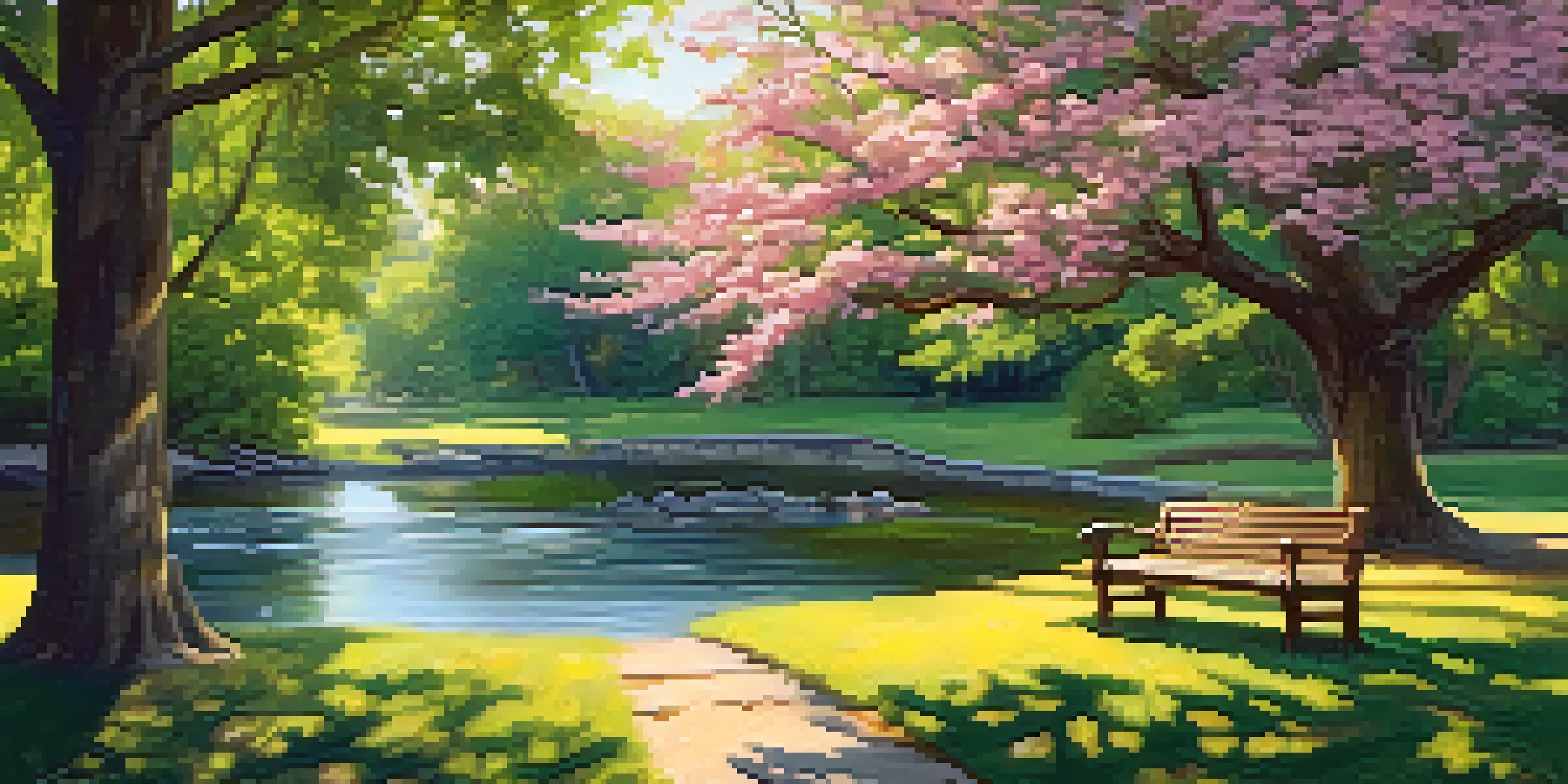 A peaceful park scene with a wooden bench under a leafy tree, sunlight filtering through the leaves, colorful wildflowers, and a gentle stream.