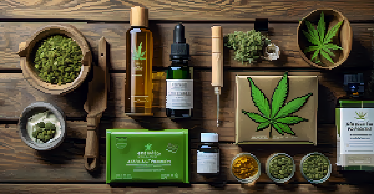 A flat lay of cannabis products including edibles and vaporizers on a wooden table, illuminated by soft natural light.